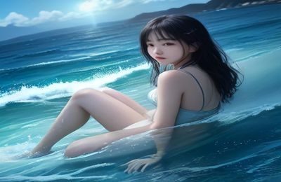 海滨旅拍场景中模特站在礁石上展示最小比基尼巴西式剪裁款造型
